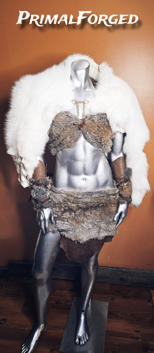 Warrior Barbarian Babe Costume Lingerie Rabbit Fur Loin Cloth Bra Halter Top Shoulder Mantle